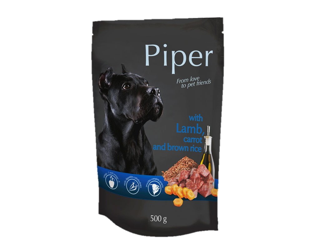 Hrana umeda pentru caini Piper Adult, Miel, Morcovi si Orez brun, 500 g