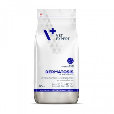 4T Dieta Veterinara DERMATOSIS DOG, VetExpert, cu carne de somon  si Cartofi, 12 Kg